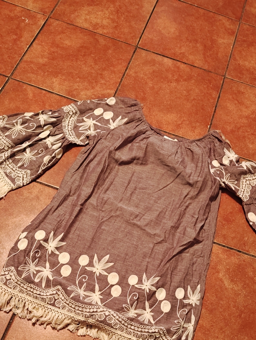indigo soul Taupe Tunic with White Floral Embroidery